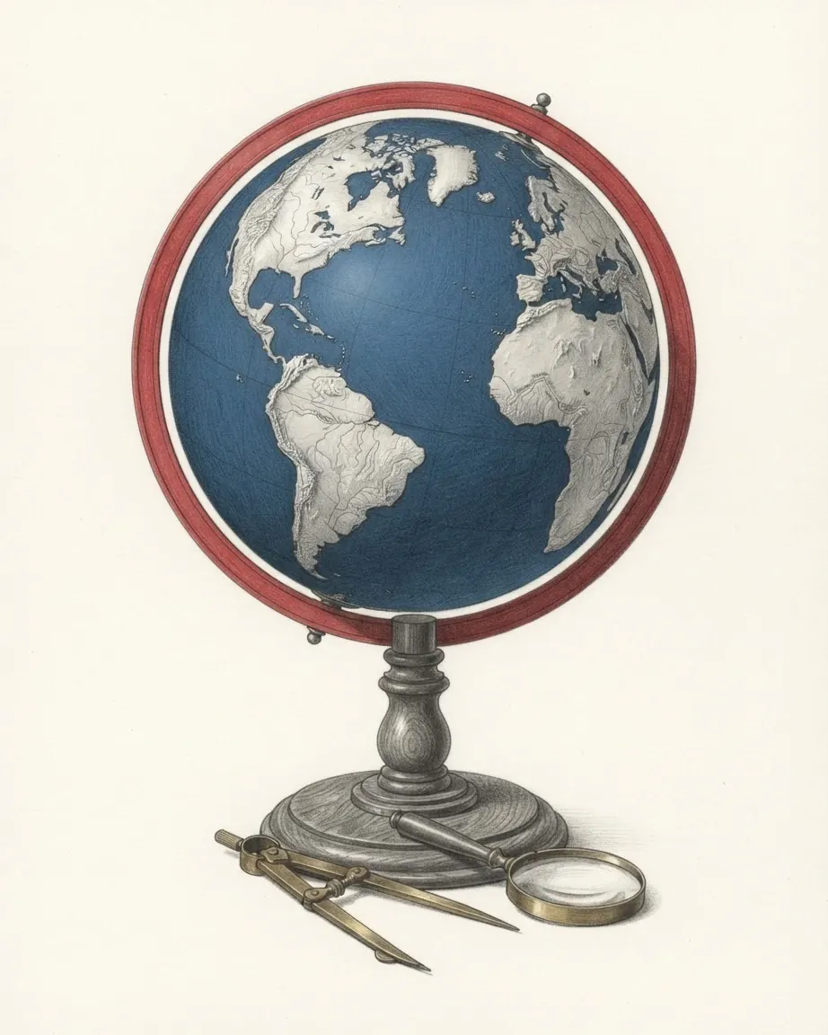 A graphite drawing of a desk globe on a turned wooden stand, the oceans in blue and the meridian ring in red, with a pair of brass dividers and a magnifying lens at its foot.