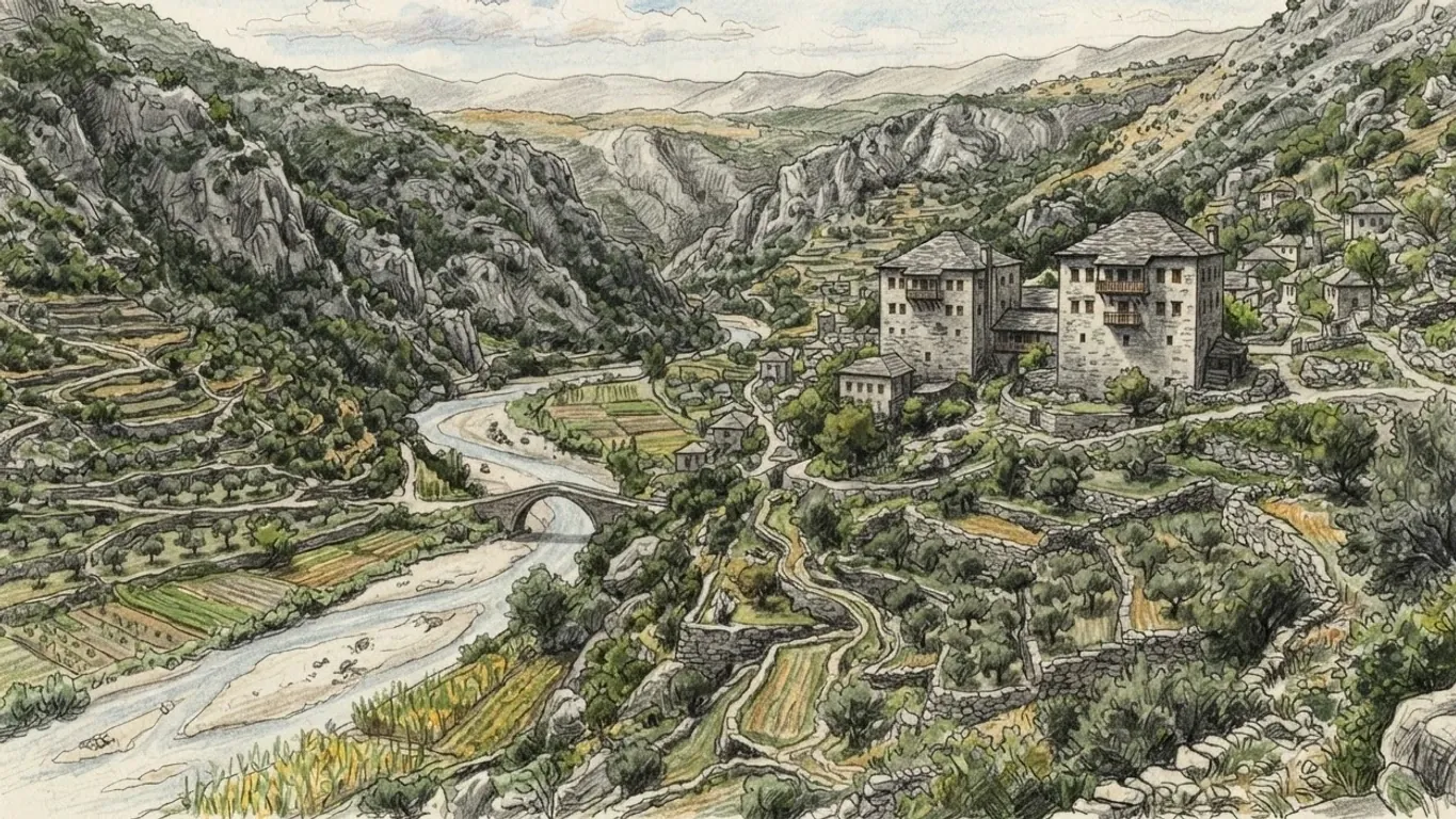 A coloured pencil drawing of a limestone valley in southern Albania: tall stone tower houses in a hillside village above terraced fields and olive groves, a stone-arched bridge over a pale braided river.