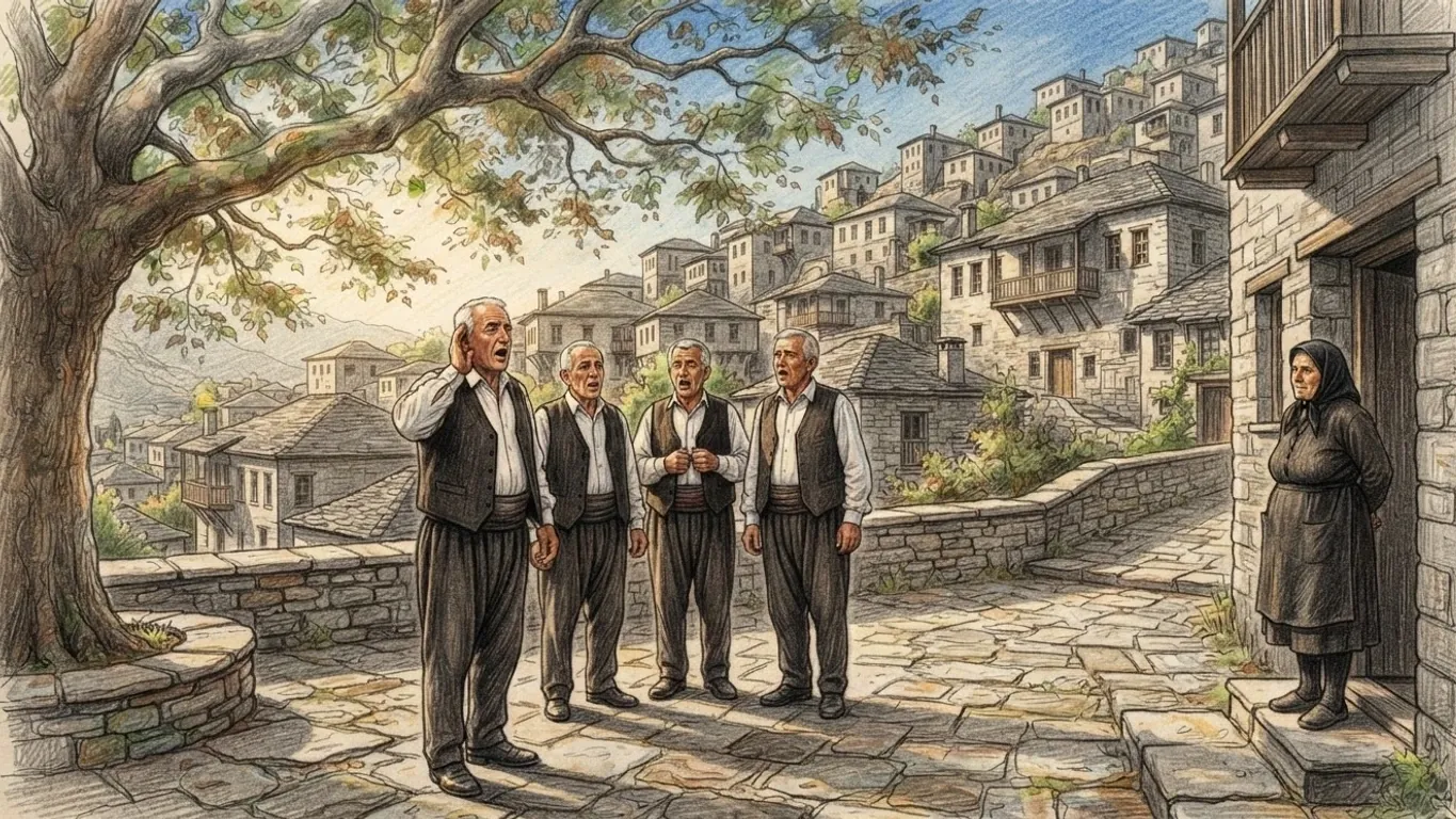 A coloured pencil drawing of four older men singing together in a stone village courtyard under a plane tree, one with a hand cupped to his ear, a woman in black watching from a doorway.
