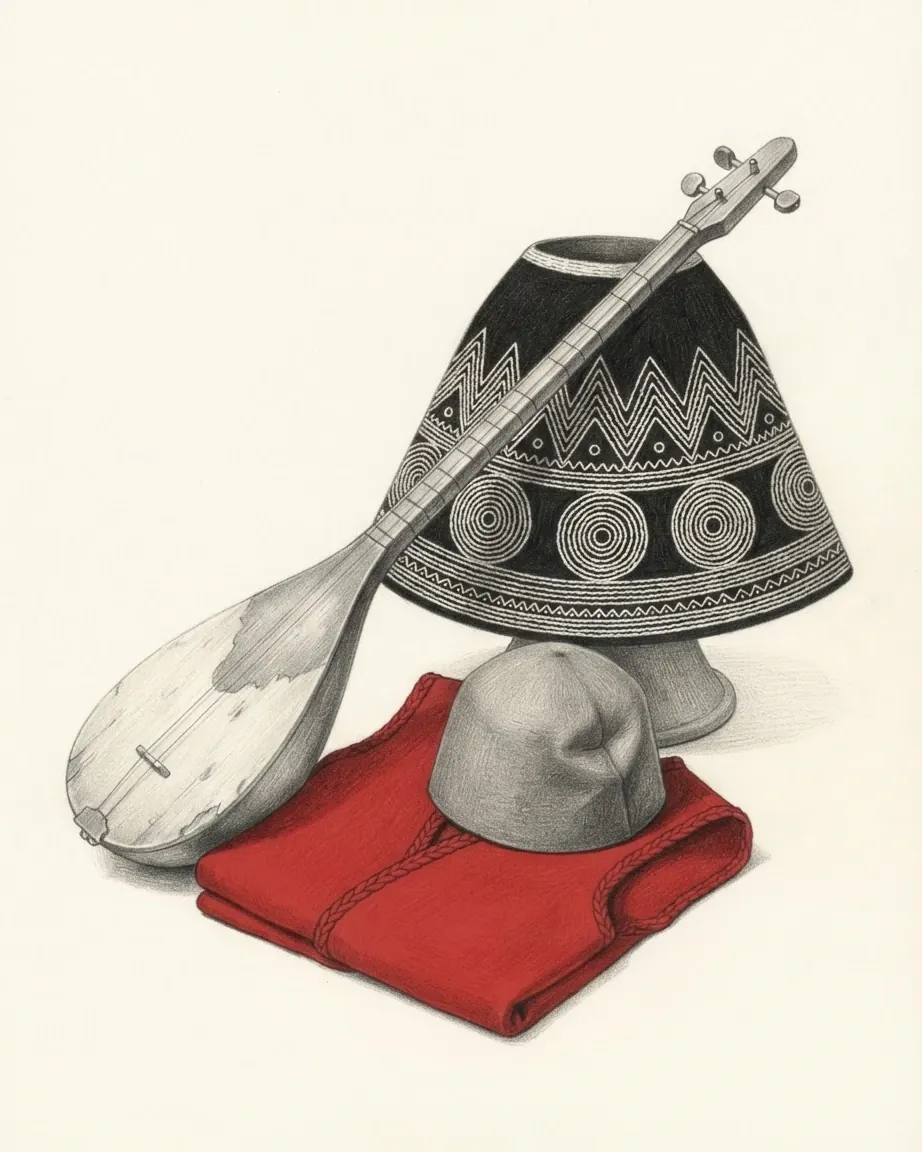 A graphite still life: a black felt cap with a woven pattern, a long-necked lute, a white felt cap and a folded red cloth.