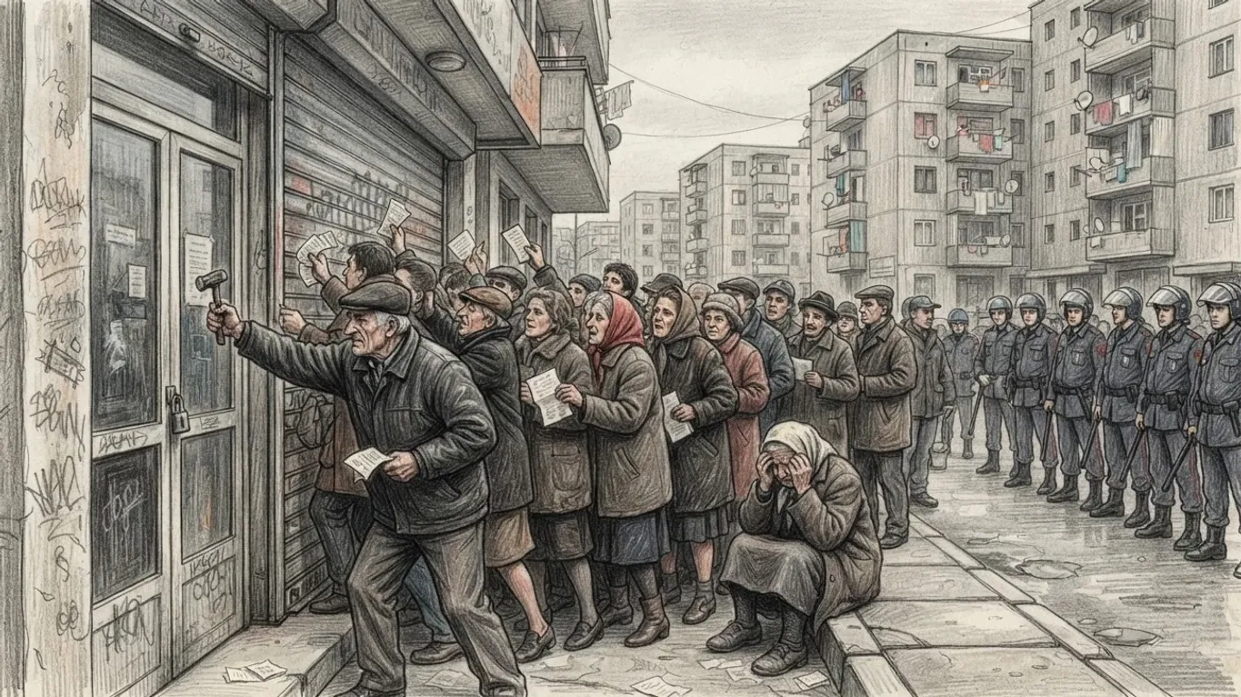 A coloured pencil drawing of a crowd in winter coats pressing against the shuttered door of a deposit office, a man hammering on it and police lined along the pavement below apartment blocks.