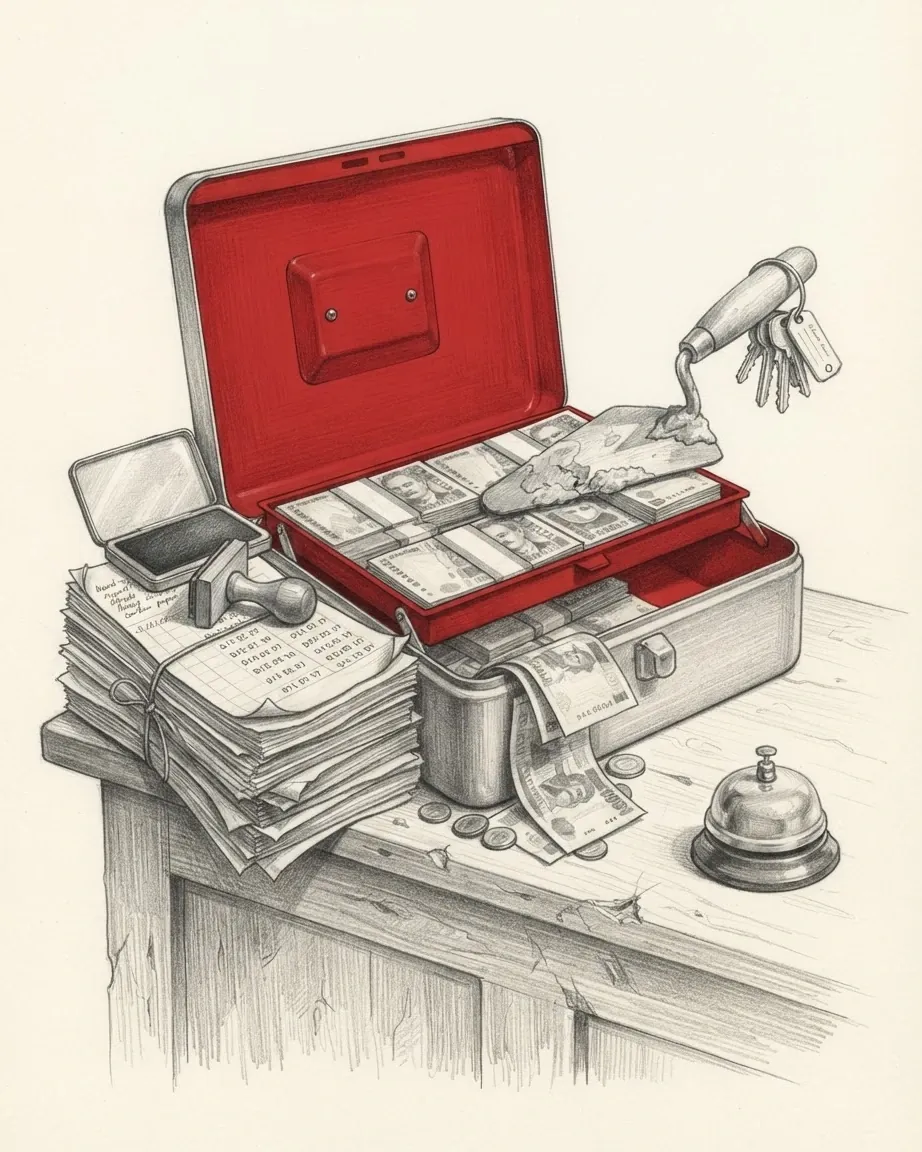 A graphite still life on a counter: an open cash box lined in red and filled with banknotes, stacks of receipts, a rubber stamp, a trowel with keys and a call bell.