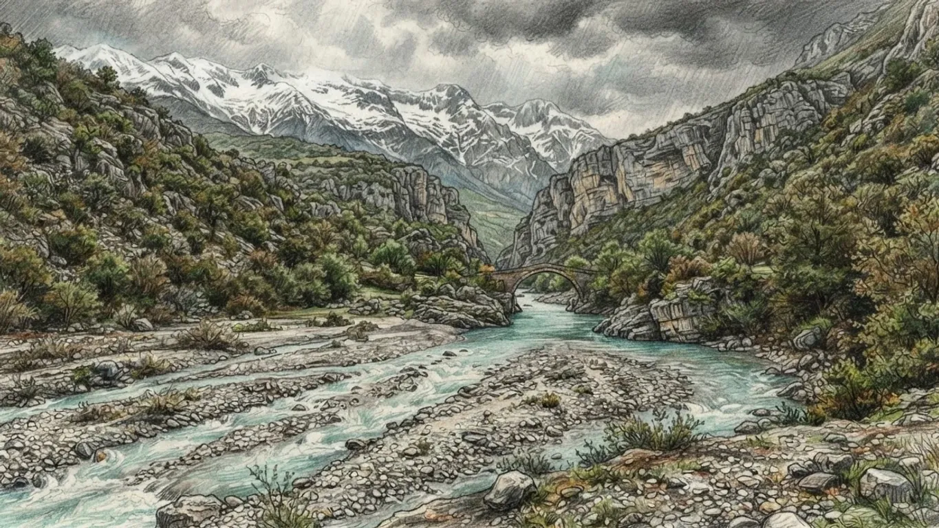 A coloured pencil drawing of a turquoise river braiding across a wide gravel bed into a limestone gorge, snow on the ridges under rain clouds.