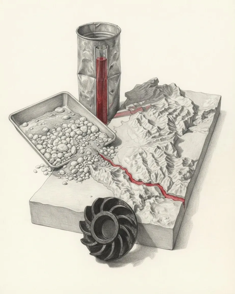 A graphite still life: a relief model of Albania with a river traced in red, a tray of gravel, a turbine runner and a tall tin can streaked in red.