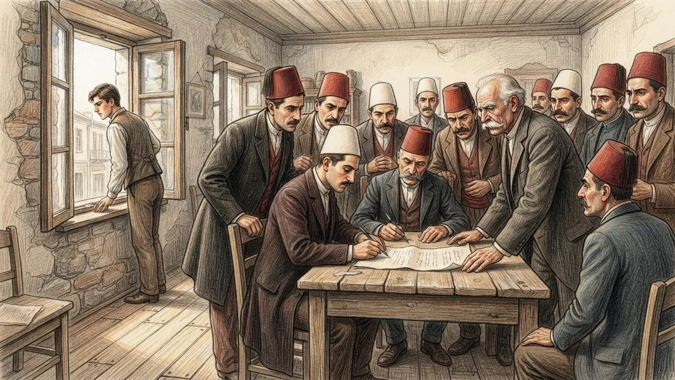 A coloured pencil drawing of delegates in frock coats, fezzes and white felt caps crowding round a table as one signs a document, a young man looking out of the open window at the street.