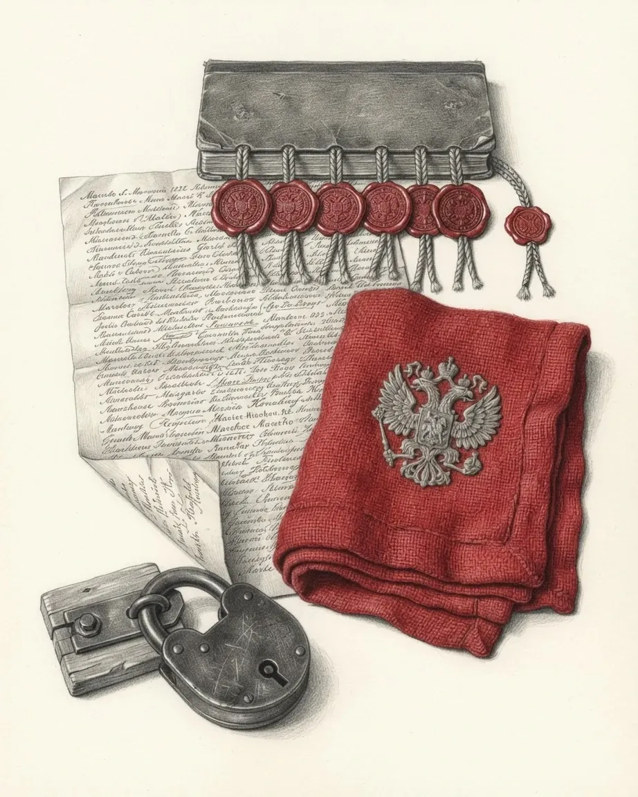 A graphite still life: a document hung with a row of red wax seals, a folded red cloth embroidered with a double-headed eagle, a flat case and an old padlock.