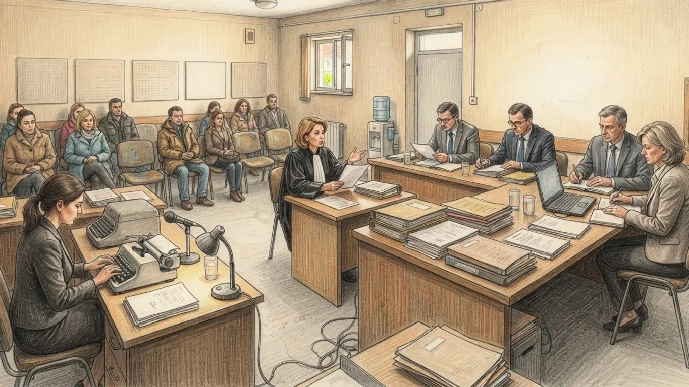 A coloured pencil drawing of a vetting hearing: a judge in a black robe before a panel of commissioners and observers at a bench stacked with files, a clerk typing to one side.