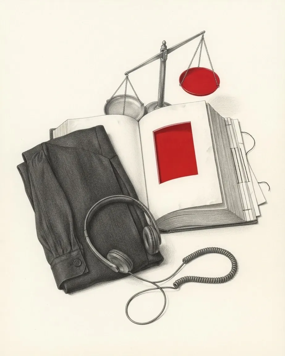 A graphite still life: an open file with a red panel, a balance with one red pan, a folded black robe and a pair of headphones.