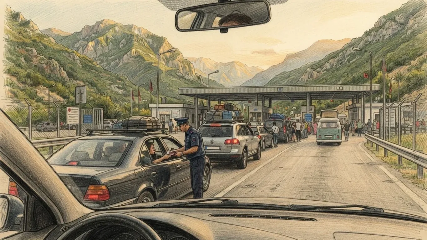 A coloured pencil drawing from the driver's seat of cars loaded with luggage queuing at a mountain border crossing, an officer taking passports at the first car window.