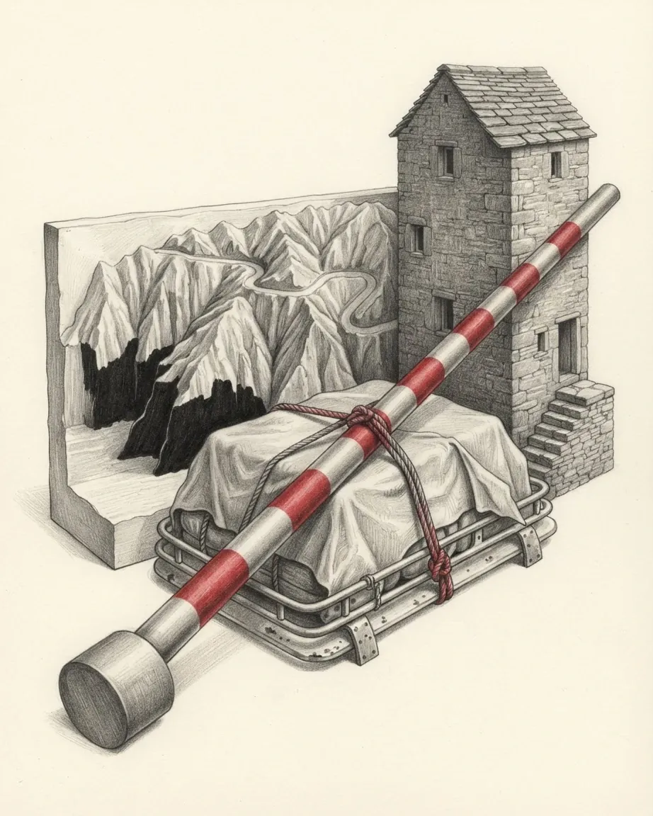 A graphite still life: a stone tower house, a relief of mountains and a red and white striped border barrier across a bundled pack.