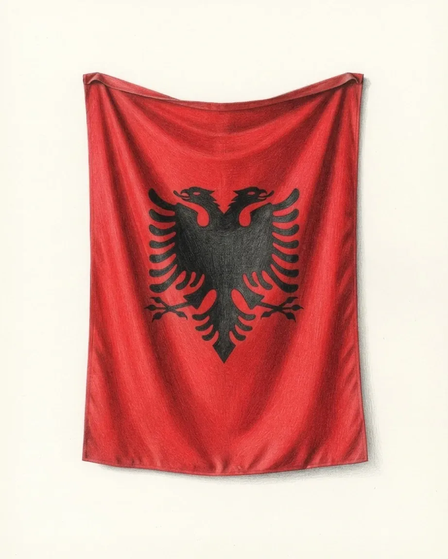 The flag of Albania drawn as a hanging cloth in graphite and coloured pencil, a black double-headed eagle on red.