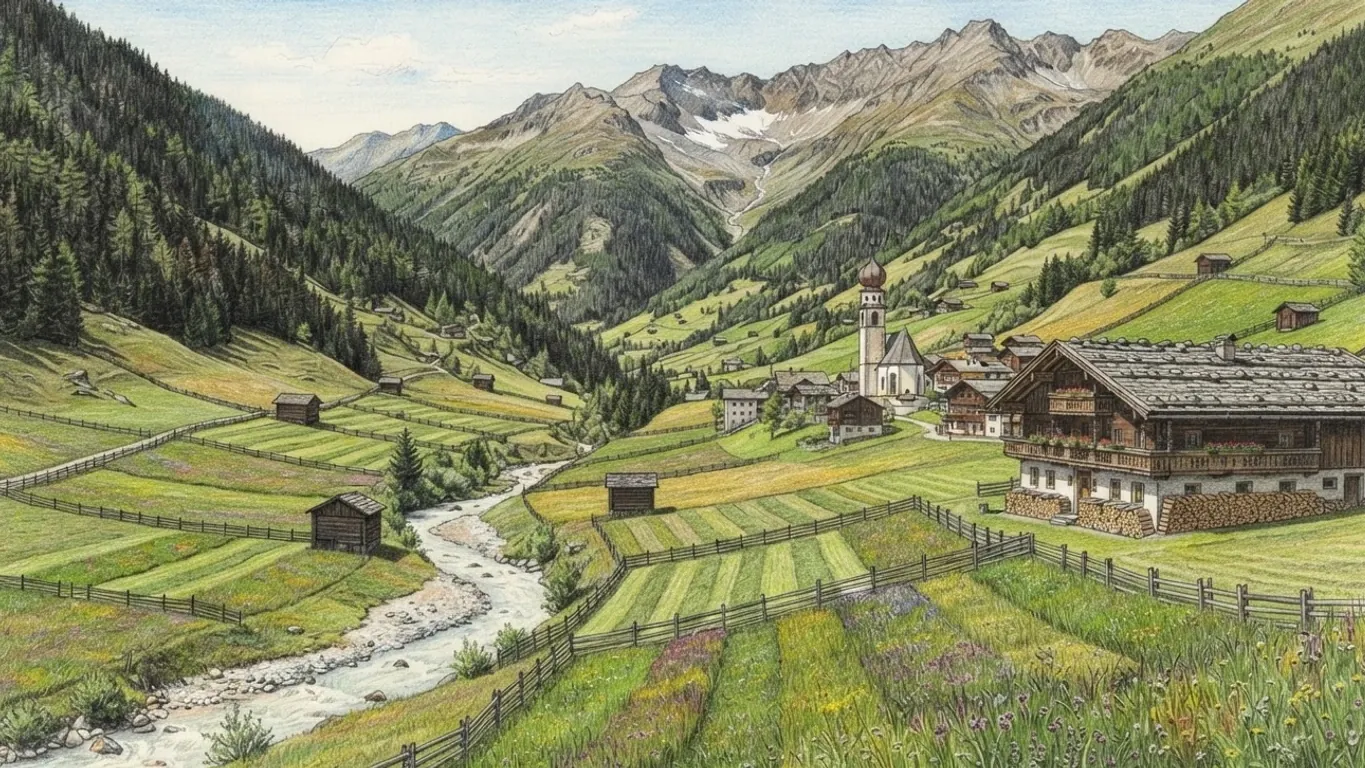 A coloured pencil drawing of an Alpine valley in Austria: strips of green meadow fenced along the slopes, a stream running down the valley floor, a village with a white church tower and a large timber farmhouse, under forested ridges and bare peaks.