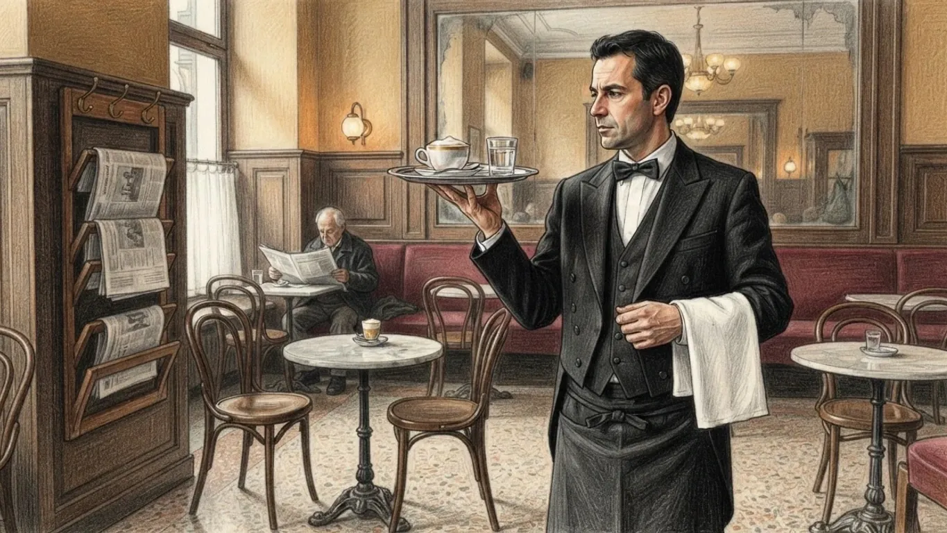 A coloured pencil drawing of a Viennese coffee house: a waiter in a black tailcoat and bow tie carries a tray with a cup of coffee and a glass of water, beside marble tables, bentwood chairs, a newspaper rack and a man reading at the back.