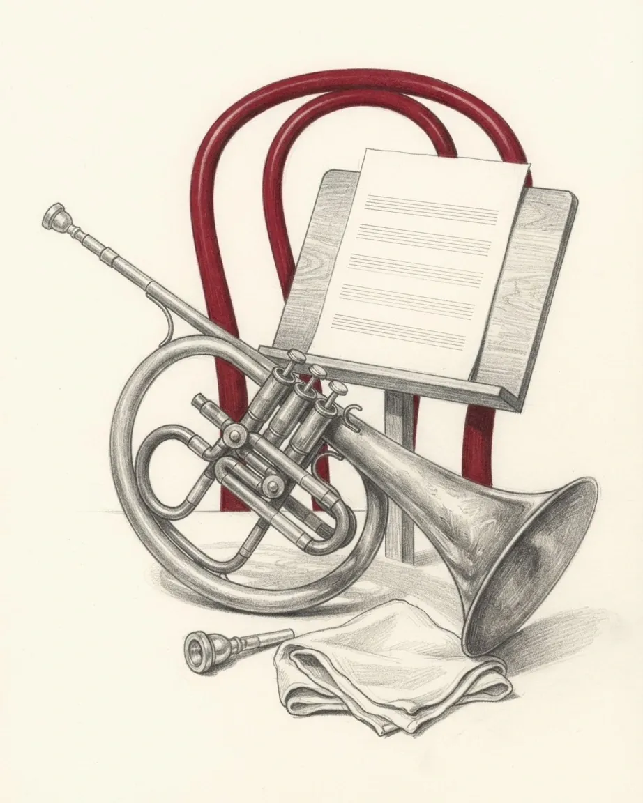 A graphite still life: a brass horn, a music stand with a sheet of blank staves, a bentwood chair drawn in red, a mouthpiece and a folded cloth.