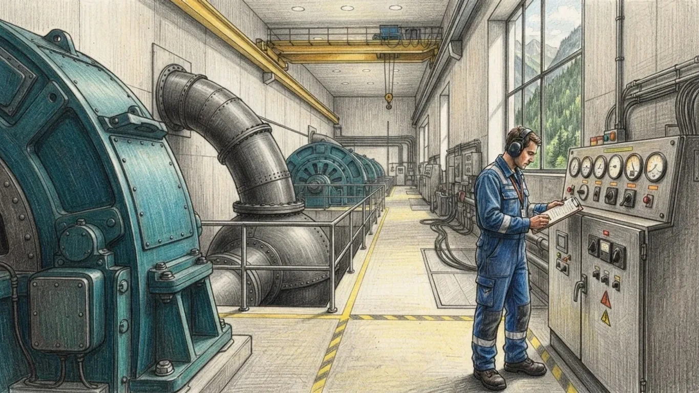 A coloured pencil drawing of the machine hall of a hydroelectric power station: green-blue generator casings and steel penstock pipes, a yellow gantry crane overhead and a worker in blue overalls reading a control panel, with mountains through the tall windows.