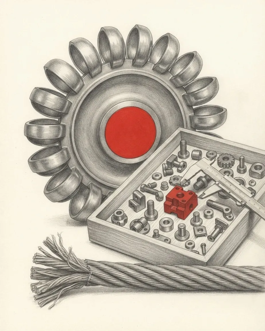A graphite still life: a Pelton turbine wheel ringed with steel buckets and a red hub, a tray of bolts, nuts and gears with one red block, and a length of steel wire rope.