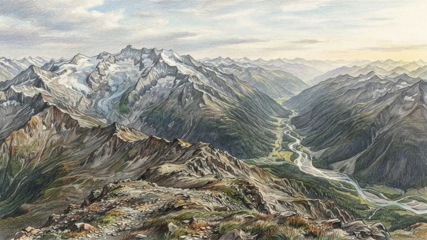 A coloured pencil panorama of the Austrian Alps from a rocky ridge: glaciated peaks on every side and a braided river winding along a long green valley below.