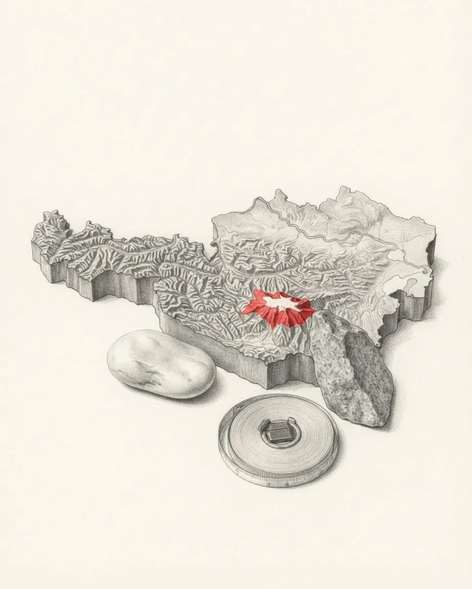 A graphite relief model of Austria, its Alps modelled across the west and centre and one summit marked in red, with a pebble, a rough stone and a measuring tape beside it.