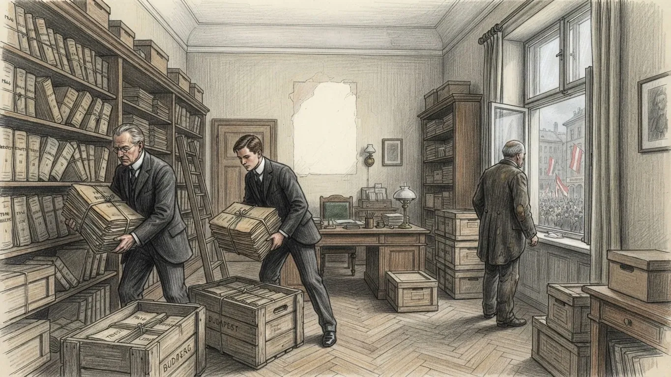 A pencil drawing of an office in the early twentieth century: two men in dark suits carry bundled files into wooden crates among full shelves, while a third stands at the window looking down at a crowd with red and white flags.