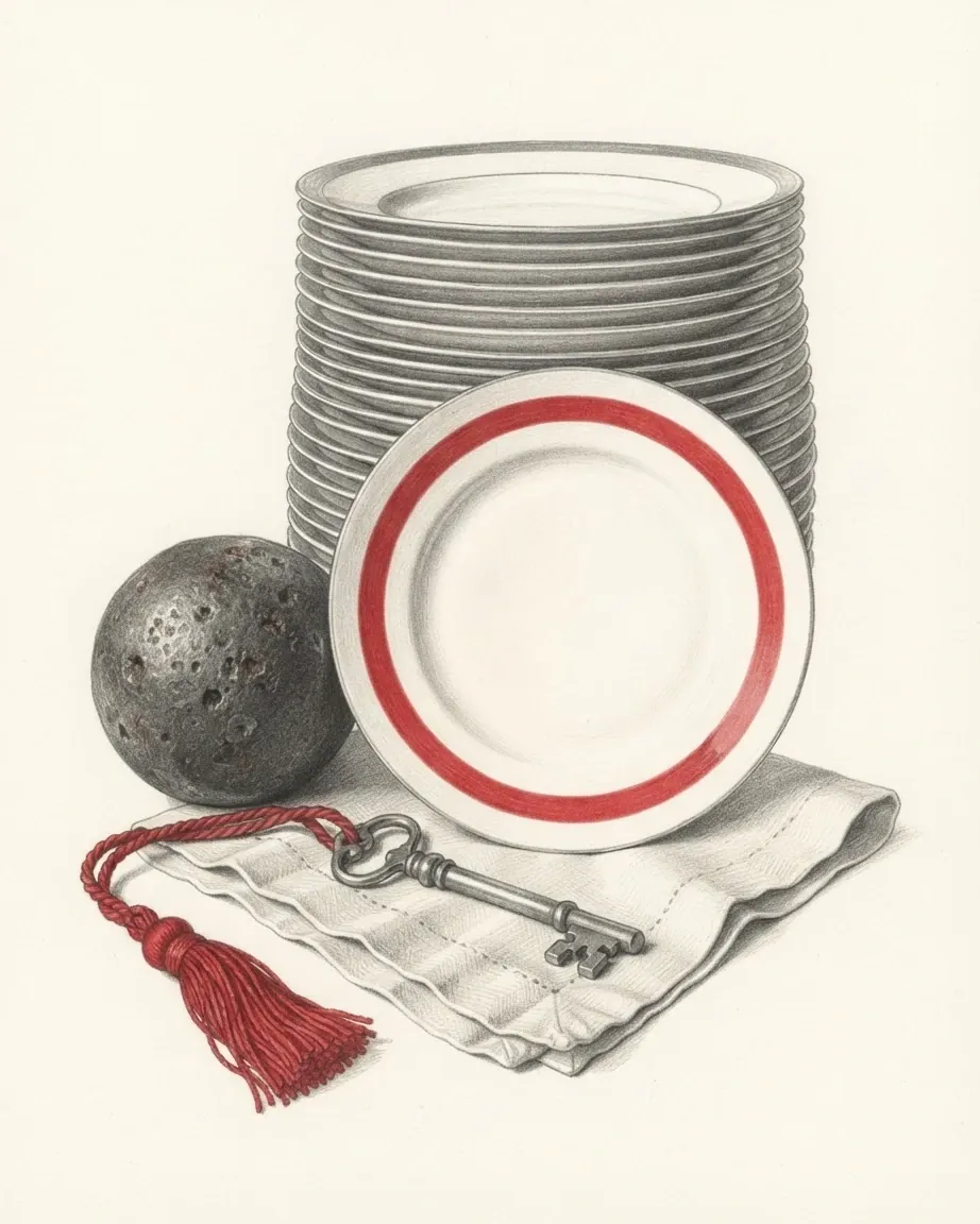 A graphite still life: a stack of plates with one standing in front, its rim banded in red, a pitted iron cannonball, a long iron key and a red silk tassel lying on a folded cloth.