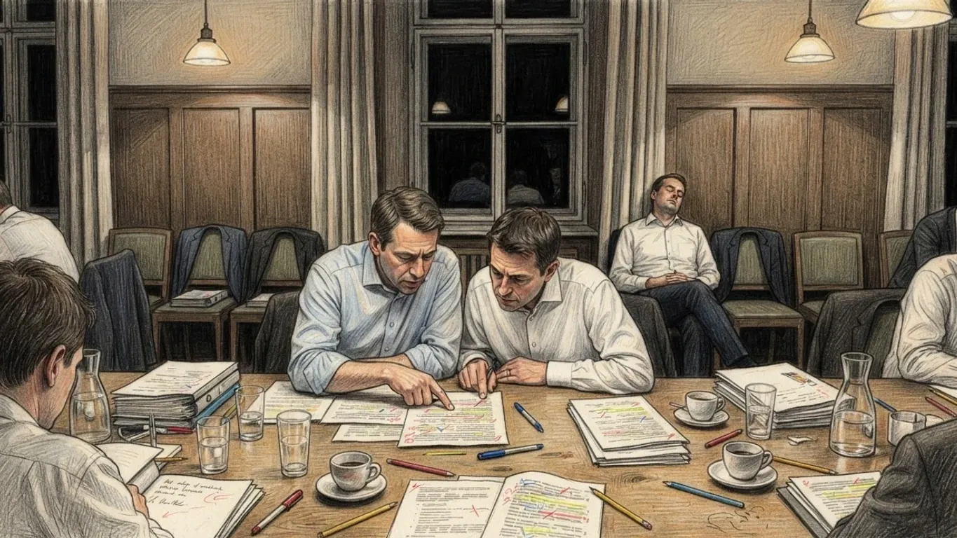 A coloured pencil drawing of a panelled meeting room at night: two men in shirtsleeves lean over marked-up papers at a long table covered in files, water carafes and coffee cups, while others wait on chairs behind them.