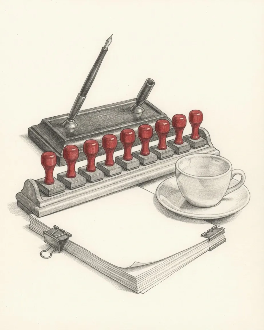 A graphite still life: a wooden rack of rubber stamps with red handles, a desk pen in its holder, a clipped stack of paper and a coffee cup on its saucer.