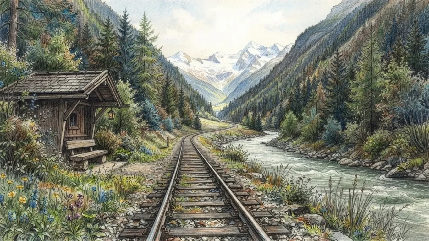 A coloured pencil drawing of a single railway track running up a forested Alpine valley beside a fast river, a small timber shelter with a bench at the trackside and snowy peaks ahead.