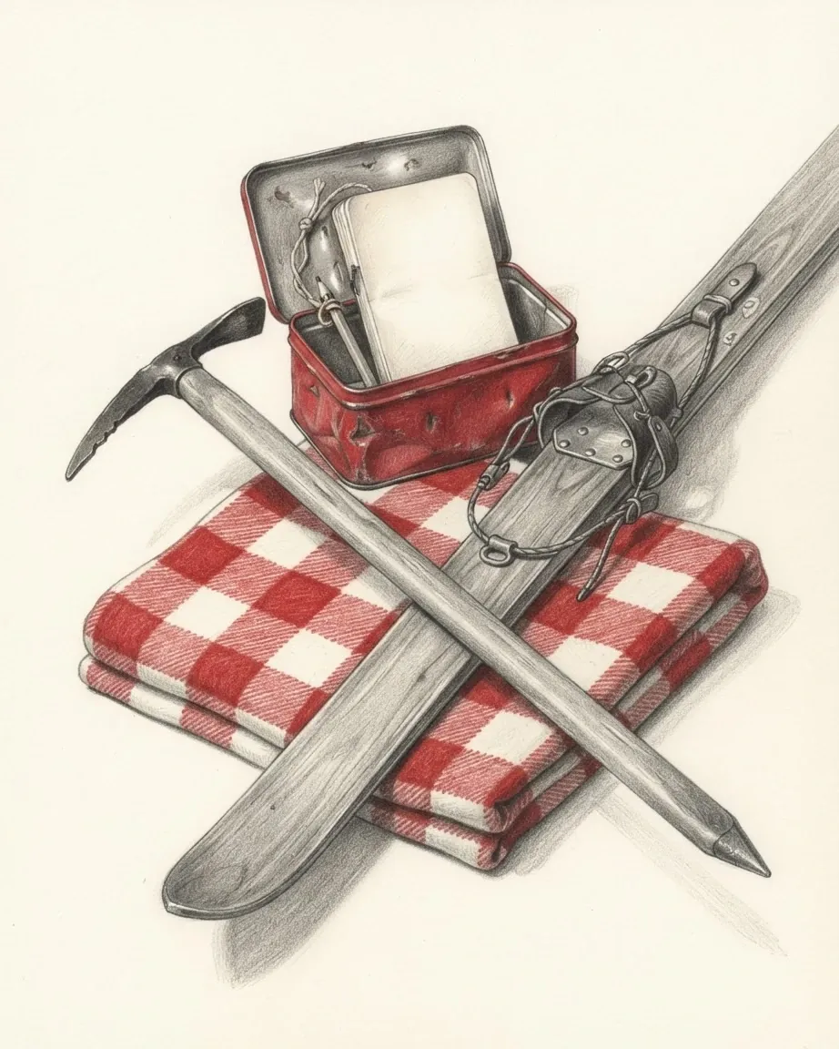 A graphite still life: an ice axe and a wooden ski crossed over a folded red and white checked cloth, with an open red tin lunch box behind them.