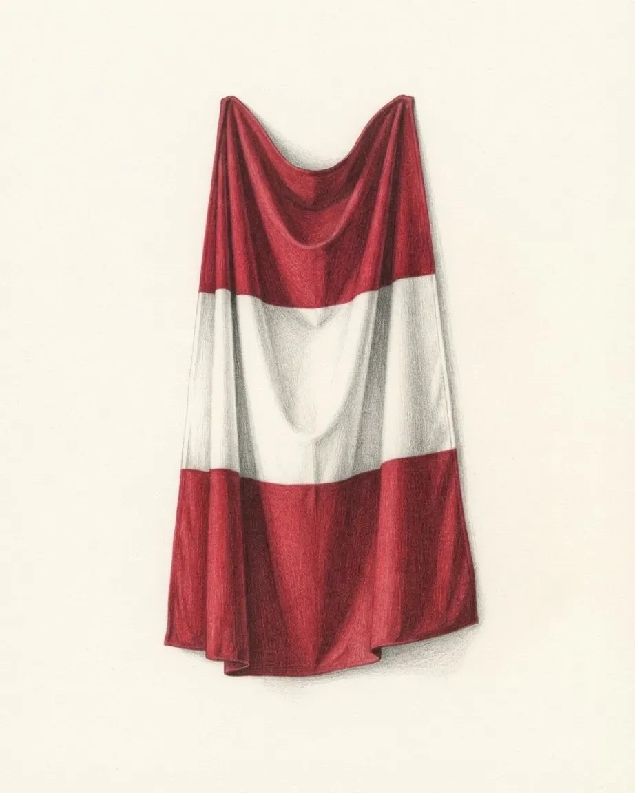 The flag of Austria drawn as a hanging cloth in graphite and red, its red, white and red bands falling in soft folds.