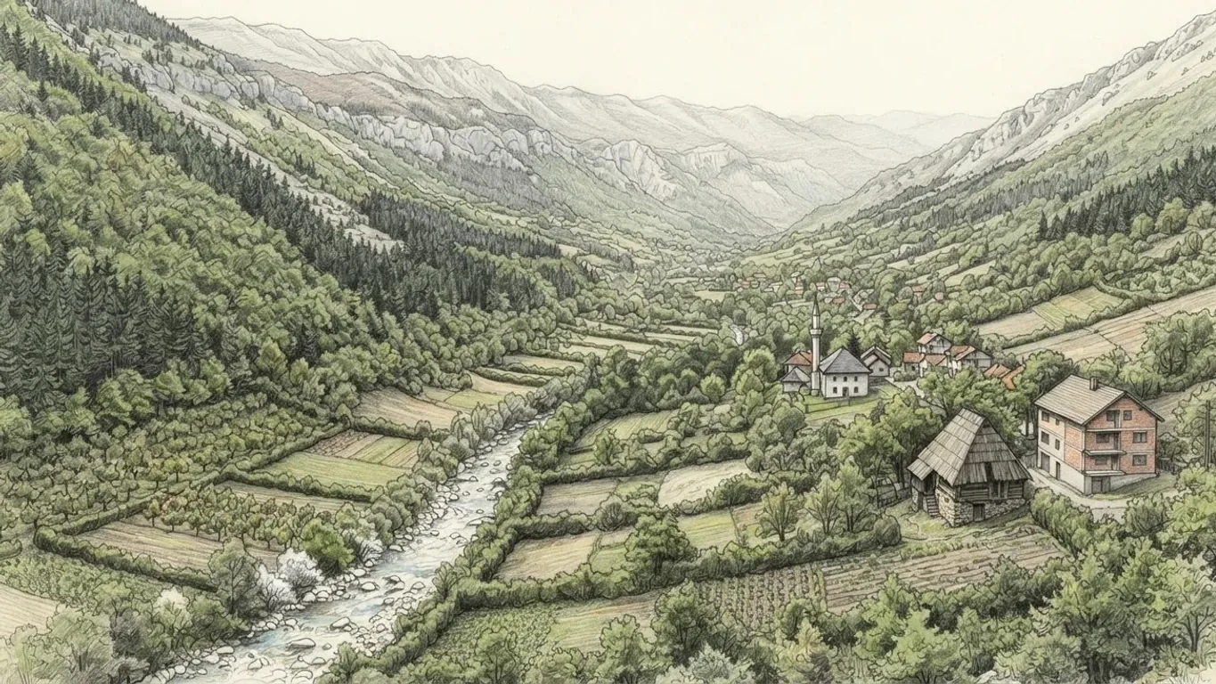 A long Bosnian valley in coloured pencil over graphite, seen from a slope. A clear river runs over white stones down the valley floor between small hedged fields, plum orchards and vegetable plots, with forest of beech and dark pine climbing both sides. On the right a white village mosque with a slender minaret stands among red-roofed houses, and in front of it an old stone house with a steep timber roof stands beside a newer plastered brick house of three storeys. Pale limestone ridges close the valley and fade into haze beyond.