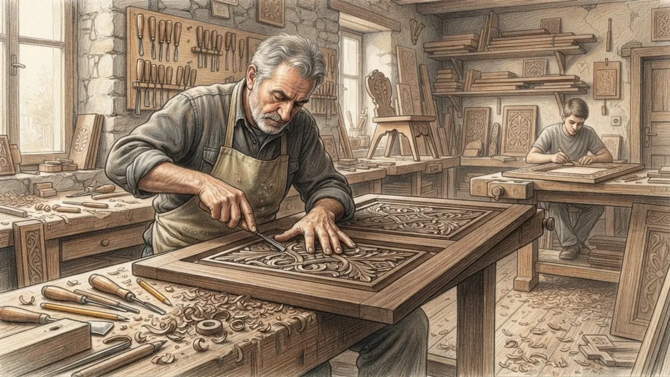 A woodcarver in a family workshop, drawn in coloured pencil over graphite. A grey-haired man in a canvas apron with his sleeves pushed up bends over a wooden cabinet door, cutting an interlaced leaf pattern with a small gouge while his other hand steadies the panel, with wood shavings and tools spread across the bench in front of him. Behind him gouges and chisels hang on a board against the stone wall, a carved chair and planks stand on shelves, and a young apprentice works at a second bench on a carved frame, with daylight coming through a window on the left.