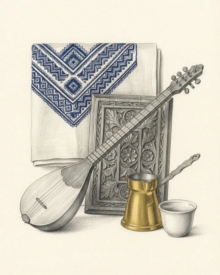 A folded linen cloth with dense geometric embroidery in blue, drawn in graphite, with a carved wooden panel of leaves and rosettes propped against it, a long-necked šargija lute lying across both, and a long-handled coffee pot in brass standing beside a small white handleless cup.