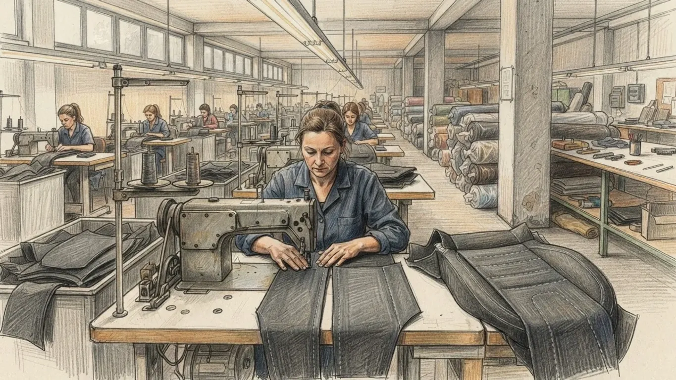 A sewing line in a car seat cover factory, drawn in coloured pencil over graphite. In front a woman in a blue work tunic guides two panels of dark upholstery fabric under the needle of an industrial sewing machine, with a finished seat cover lying on the table beside her and bins of cut panels to her left. Behind her more women sit at machines in rows under long strip lamps, and rolls of fabric are stacked along the right under high factory windows.