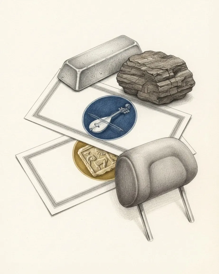 Two blank banknotes laid one across the other, drawn in graphite, the upper with an oval vignette in blue of a small bowed fiddle and the lower with an oval vignette in gold of a carved stone relief, with a dull metal ingot, a layered lump of lignite and a padded car headrest on two steel posts set around them.