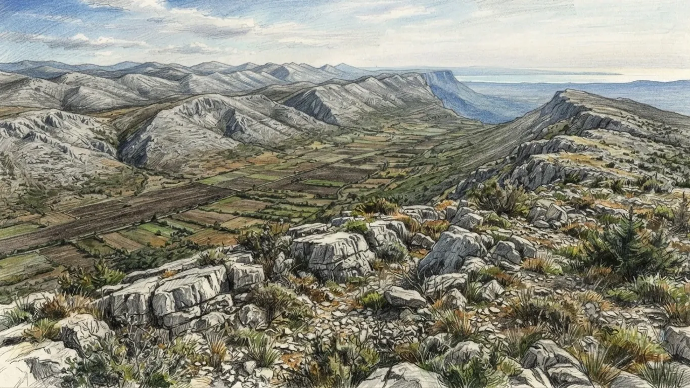 The karst of Herzegovina seen from a bare limestone ridge, drawn in coloured pencil over graphite. Grey rock broken into ledges, loose stones and low scrub fills the foreground, and below it lies the flat floor of a closed valley laid out in green and brown fields. Bare grey ridges run in parallel lines behind it into the distance, and at the far right the plateau drops away toward a pale strip of sea in the haze. Nothing built appears in the picture.