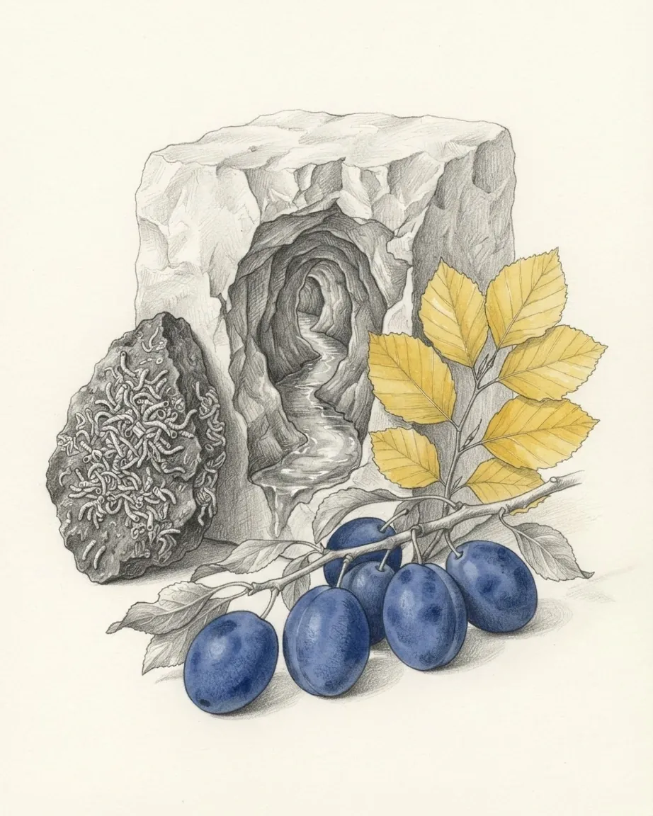 A block of pale limestone broken open to show a winding cave passage with water running through it, drawn in graphite, with a dark rock crusted in small white worm tubes leaning against it, a branch of ripe plums in blue lying across the front and a sprig of beech with its leaves in yellow.