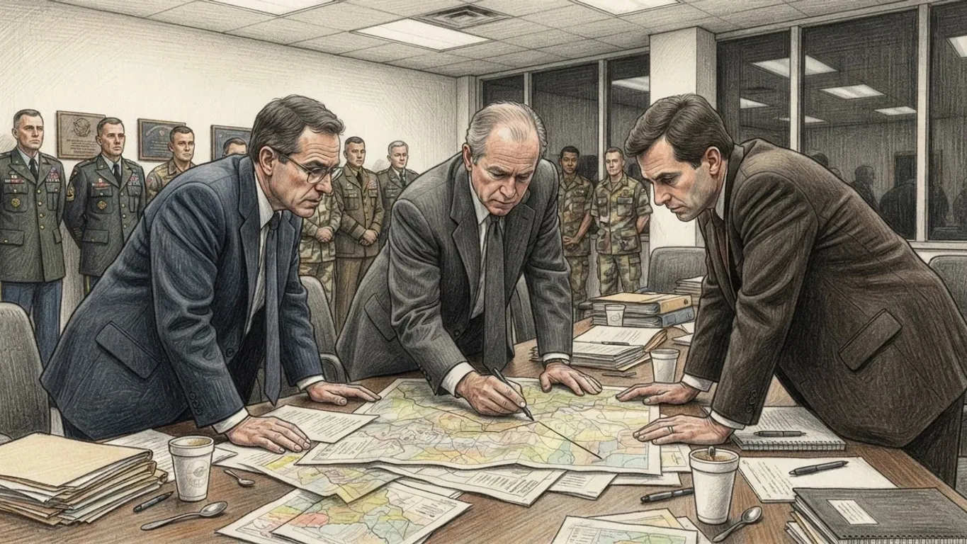 Negotiators at a conference table drawn in coloured pencil over graphite. Three men in dark suits lean over large coloured terrain maps spread across the table, the middle one tracing a line with a pen, among loose papers, stacked folders and paper coffee cups. Behind them uniformed officers stand along the wall under flat fluorescent ceiling light, with dark windows at the back of the room.