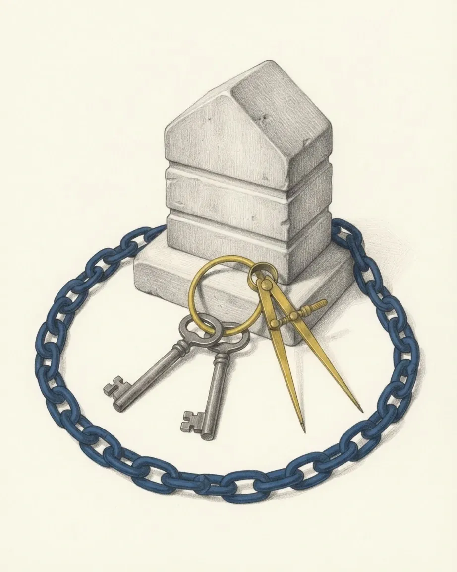 A small carved limestone grave marker shaped like a house with a pitched roof, drawn in graphite, with a closed loop of iron chain in blue lying round its base, two old iron keys on a ring and a pair of dividers in brass resting against it.