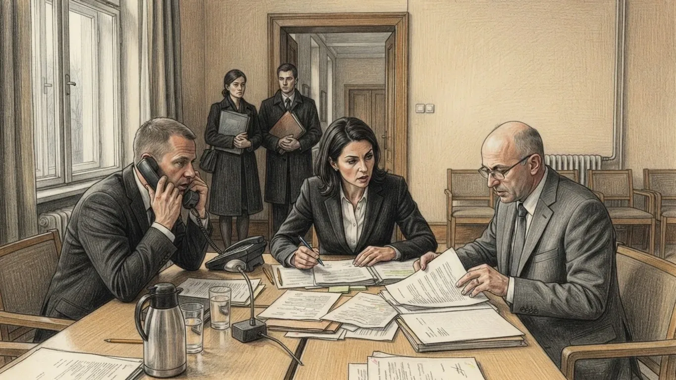 A small committee room in a parliament building, drawn in coloured pencil over graphite. Three people in dark office clothes sit close together at one end of a long table covered in printed drafts: a man on the left talks on a desk telephone, a woman in the middle holds a pen over a page, and a man with glasses on the right turns papers back. Behind them two clerks in dark coats wait by an open door holding folders, while a thermos and water glasses stand on the table and grey light falls from a tall window on the left.
