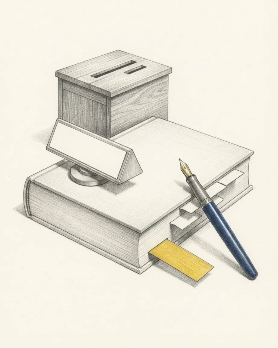 A thick closed volume in plain cloth covers with divider tabs along its edge, drawn in graphite, one tab pulled out further than the rest in yellow, with a wooden ballot box with two slots of different lengths behind it, a blank triangular nameplate on a swivel base and a fountain pen with a blue barrel laid against it.