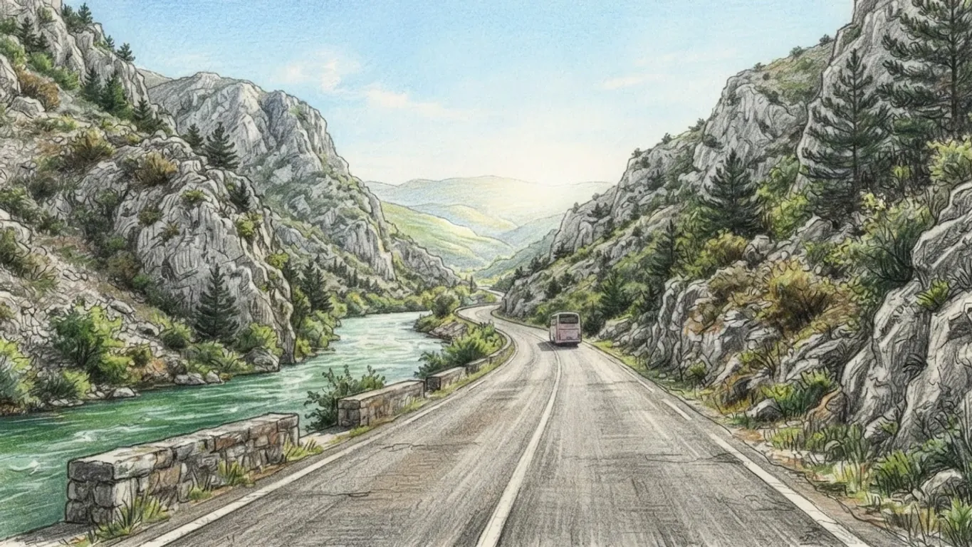 A two-lane road running down the Neretva valley in Herzegovina, drawn in coloured pencil over graphite and seen from the road itself. The asphalt with its white edge and centre lines starts in the foreground and bends ahead between steep grey limestone walls patched with scrub and dark pines, with a coach travelling ahead in the middle distance. On the left the green river runs fast below a low stone parapet, and at the far end the valley opens onto lower hills under bright morning light.