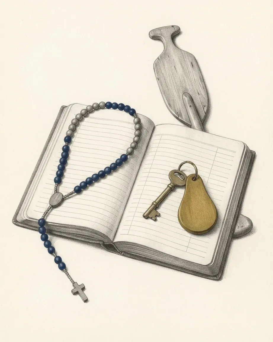 An open hotel guest register with empty ruled pages, drawn in graphite, a rosary of wooden beads partly in blue draped across the left page and trailing off the book to a small cross, a brass room key on a yellow pear-shaped fob resting on the right page, and a short wooden paddle with a T-grip propped behind it.