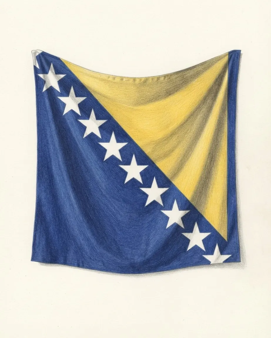 The flag of Bosnia and Herzegovina drawn as a hanging cloth in coloured pencil, a yellow triangle standing on a blue field with a diagonal line of white stars running beside its long edge from the top of the hoist to the foot of the fly, the cloth sagging in soft folds.
