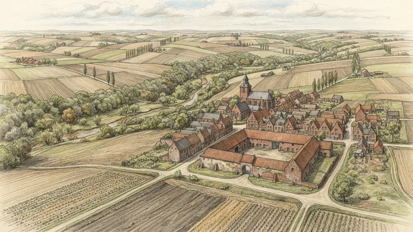 A coloured pencil drawing of rolling farmland in Belgium: a square brick farmstead round a courtyard, a village of red roofs with a church tower and fields running to the horizon.