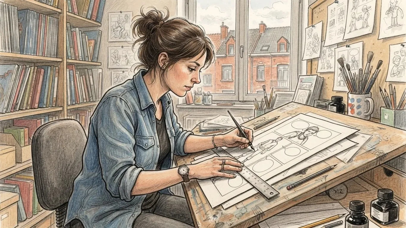A coloured pencil drawing of a comic artist inking panels at a drawing table, bookshelves beside her and a row of brick houses through the window.
