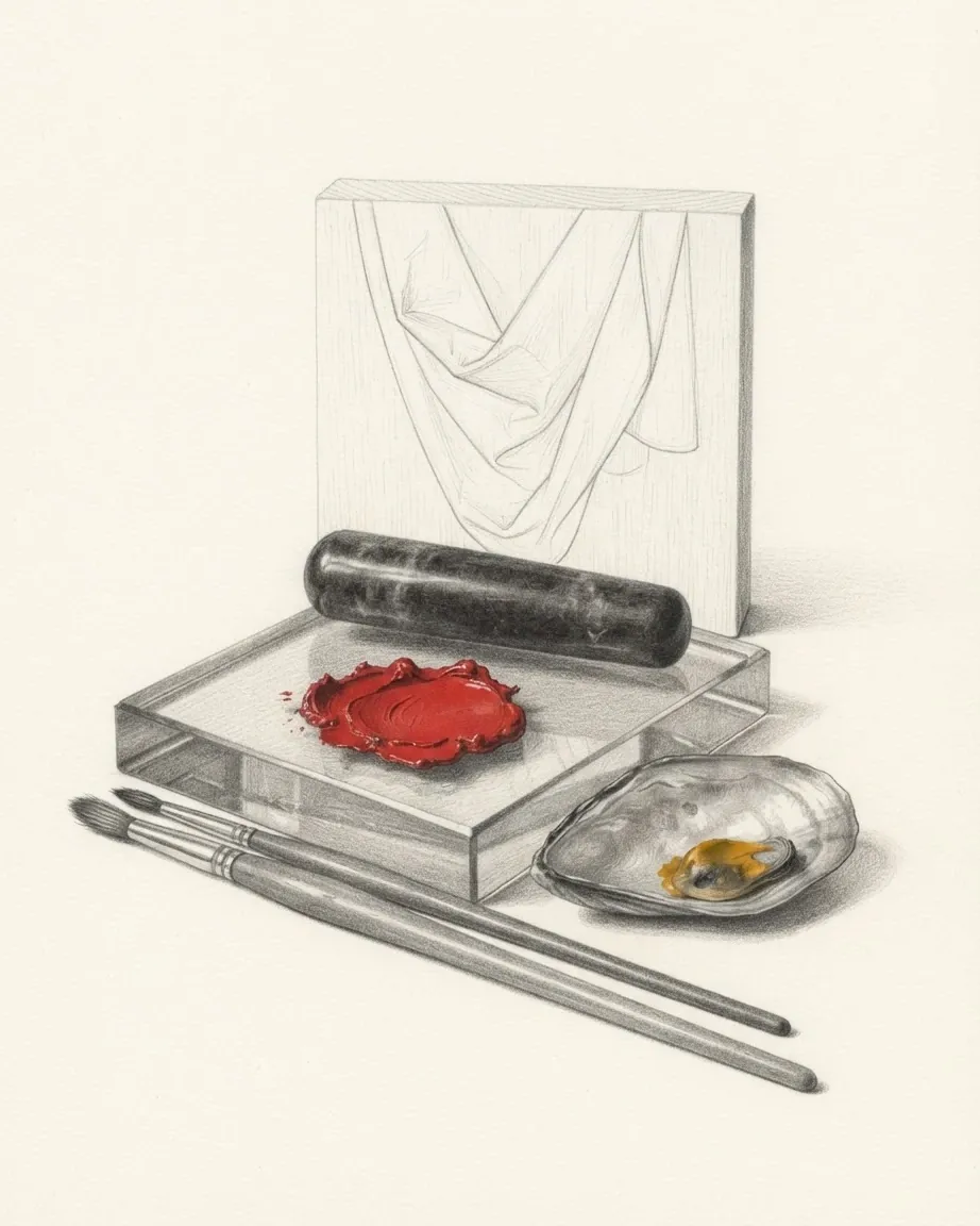 A graphite still life: a draped canvas, a block of clear glass with a black ink roller, a red seal, a shell with a smear of gold paint and a fine brush.