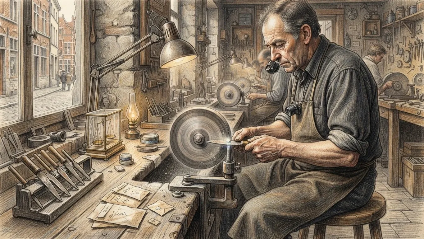 A coloured pencil drawing of a diamond cutter at his polishing wheel under a lamp in a workshop by a window onto the street.