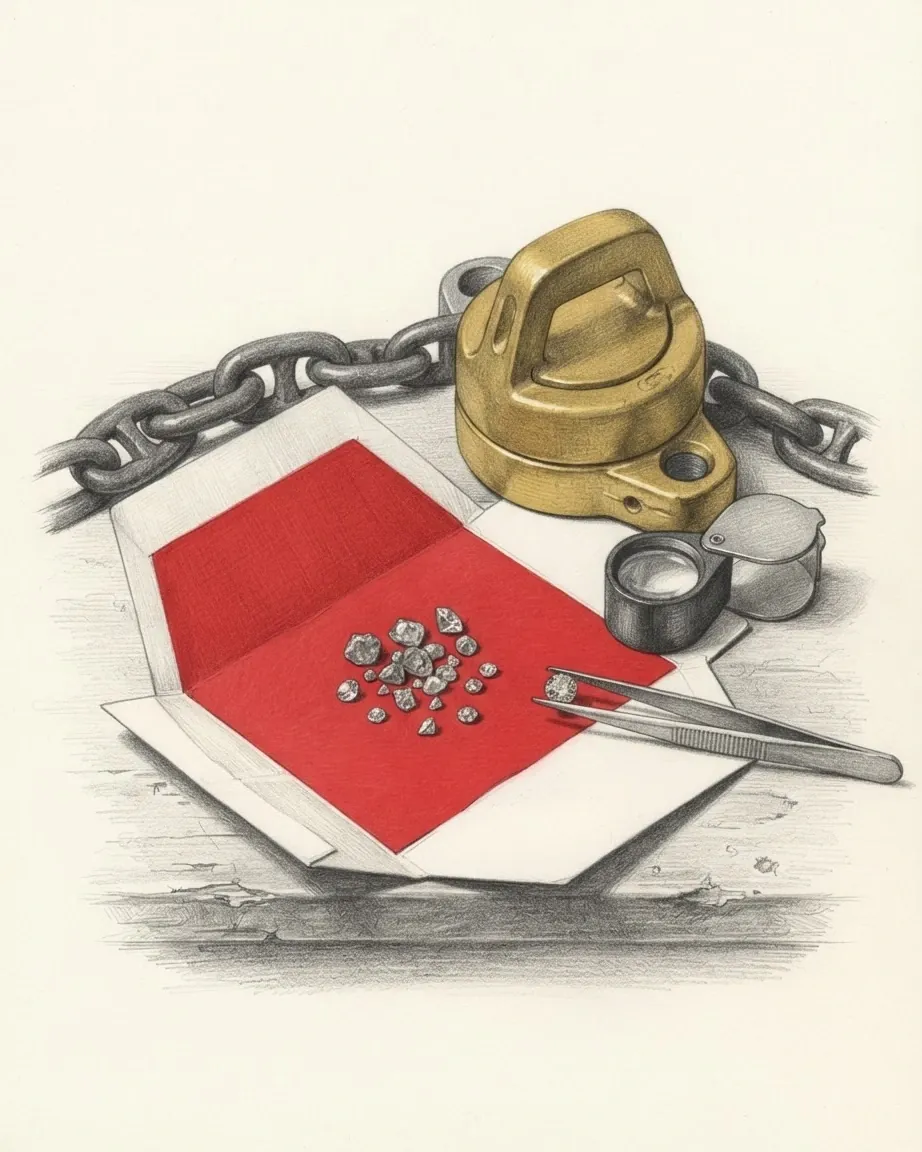 A graphite still life: a brass padlock on a heavy chain, a red paper packet opened on loose cut diamonds, a jeweller's loupe and tweezers.