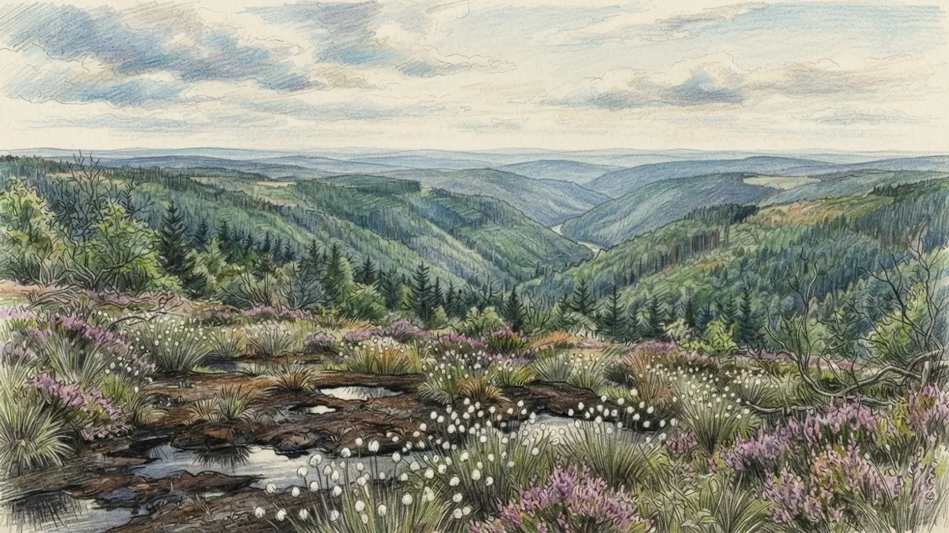 A coloured pencil drawing of the High Fens: peat bog with heather and cotton grass in the foreground and forested valleys of the Ardennes beyond.