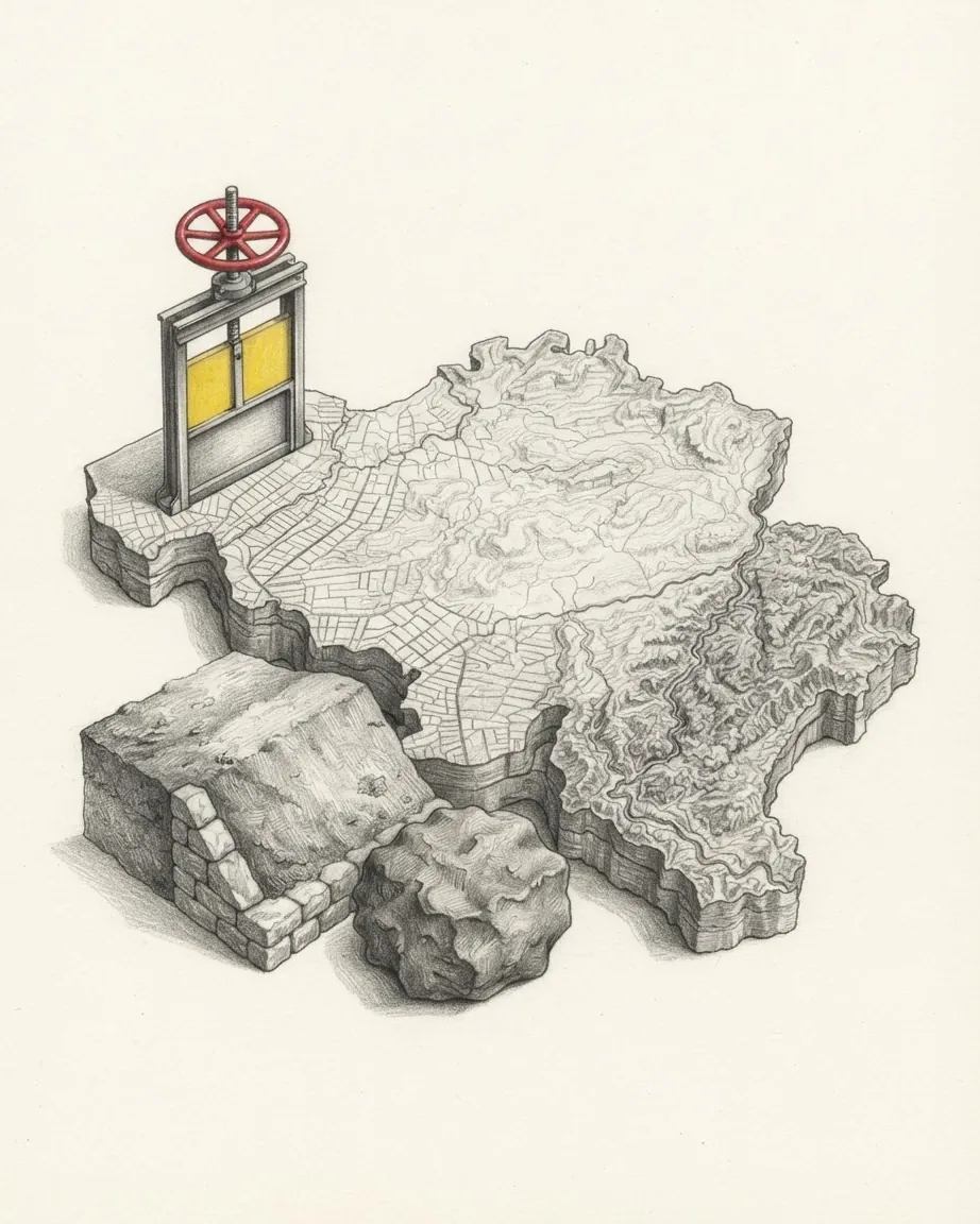 A graphite relief model of Belgium with blocks of stone at its edge and a small lock gate painted yellow with a red wheel.